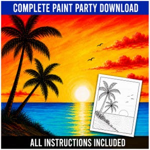 May include: A digital download featuring a vibrant sunset painting with two palm trees on a shore, a bright yellow sun, and blue ocean water. A black and white line drawing sketch of the same scene is overlaid on the right. Text reads COMPLETE PAINT PARTY DOWNLOAD and ALL INSTRUCTIONS INCLUDED.
