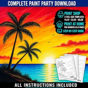 Tutorial sencillo de pintura acrílica de palmeras al atardecer para fiestas de pintura y vino, lección de arte tropical paso a paso para principiantes, plantillas para calcar.