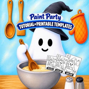 Halloween Ghost Chef Painting Tutorial, Kids Acrylic Step-by-Step PDF Art, Paint Party Design Theme for Fall, Children Fun Kitchen Artwork