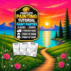 Mountain Lake Sunset Painting Tutorial, Colorful Pink Sky and Wildflower Landscape, Step-by-Step Acrylic Art Instructions, Printable Tracers