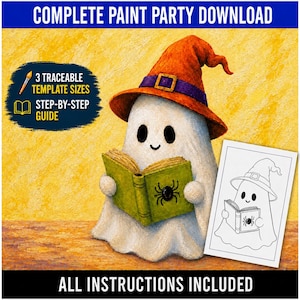 Tutorial de pintura acrílica de fantasmas de Halloween para fiestas de pintura, lección de arte paso a paso para niños, plantilla PDF para calcar, descarga digital.