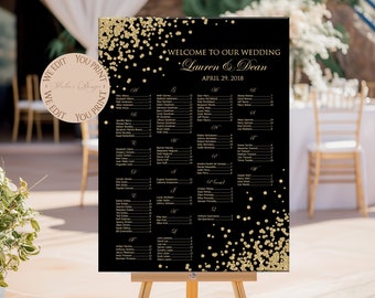 Wedding seating chart black and gold Printable Digital, personalized gold glitter & black retirement birthday party sweet 16 seating chart