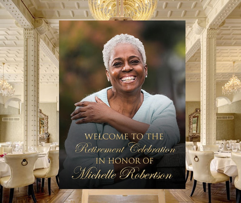 Digital custom wedding or birthday party photo welcome sign gold Retirement party photo welcome sign personalized printable gold