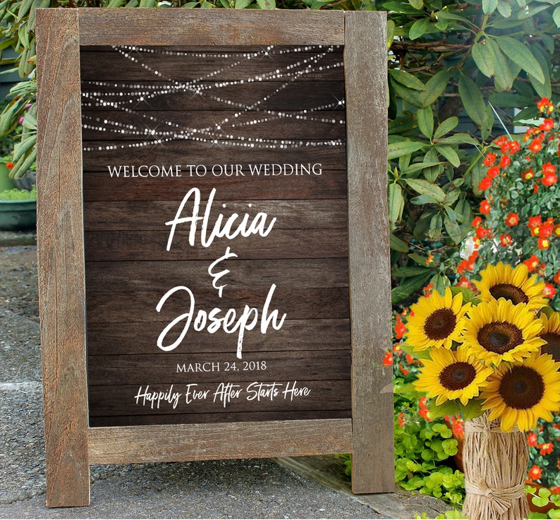 Wedding Welcome Printable Sign Wood With String Lights | Etsy