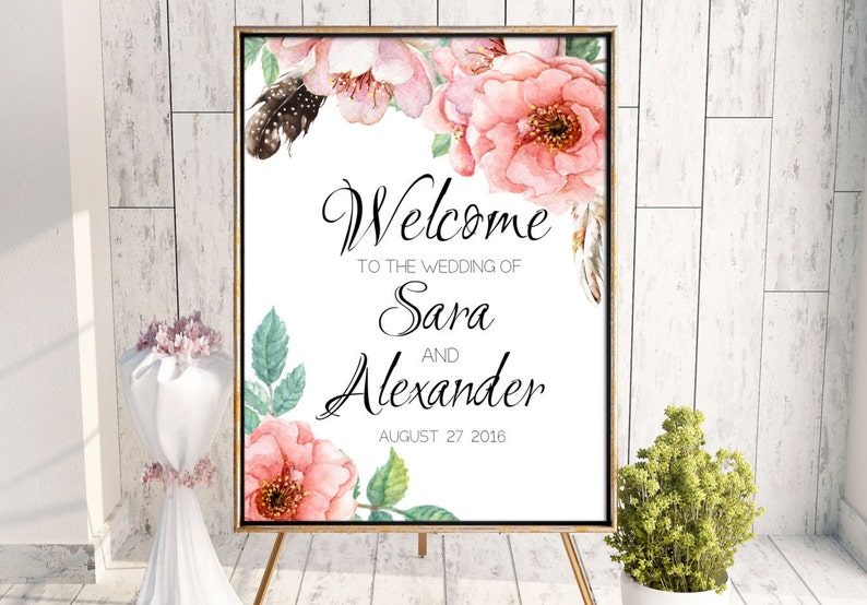 Printable Welcome Wedding Sign Boho Feathers And Flowers Etsy