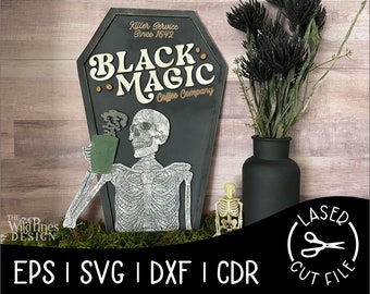 Black Magic Coffee, Death Before Decaf, Skeleton Coffee, Halloween Decor Laser Cut File for Glowforge Epilog Projects Laser Cutting Download