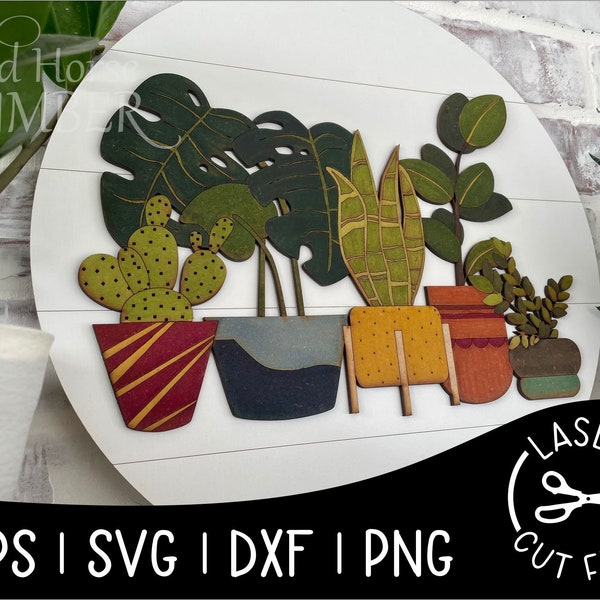 Round Plant Collection Sign Green Thumb House Plants Laser SVG Cut File for Glowforge Epilog Projects Laser Cutting Download