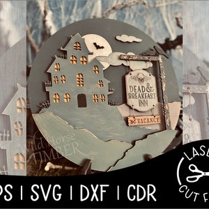 May include: A laser cut wooden sign with a spooky haunted house and a sign that reads "Dead & Breakfast Inn" with a skull and crossbones. The sign also says "No Vacancy".