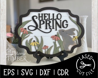 Floral Hello Spring Sign Spring Wildflowers Easter Bunny Decor Laser SVG Cut File for Glowforge Epilog Projects Laser Cutting Download