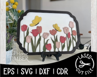 Spring Tulips Sign Easter Decor Tulip Field and Butterflies Laser SVG Cut File for Glowforge Epilog Projects Laser Cutting Download