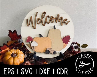 Welcome Fall Faux Shiplap Round Sign Fall Decor Laser Cut File for Glowforge Epilog Projects Laser Cutting Download