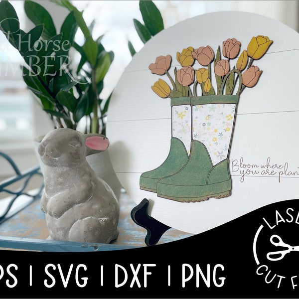 Spring Tulips Rain Boots Bloom Quote Round Sign Decor Tulip Field Laser SVG Cut File for Glowforge Epilog Projects Laser Cutting Download