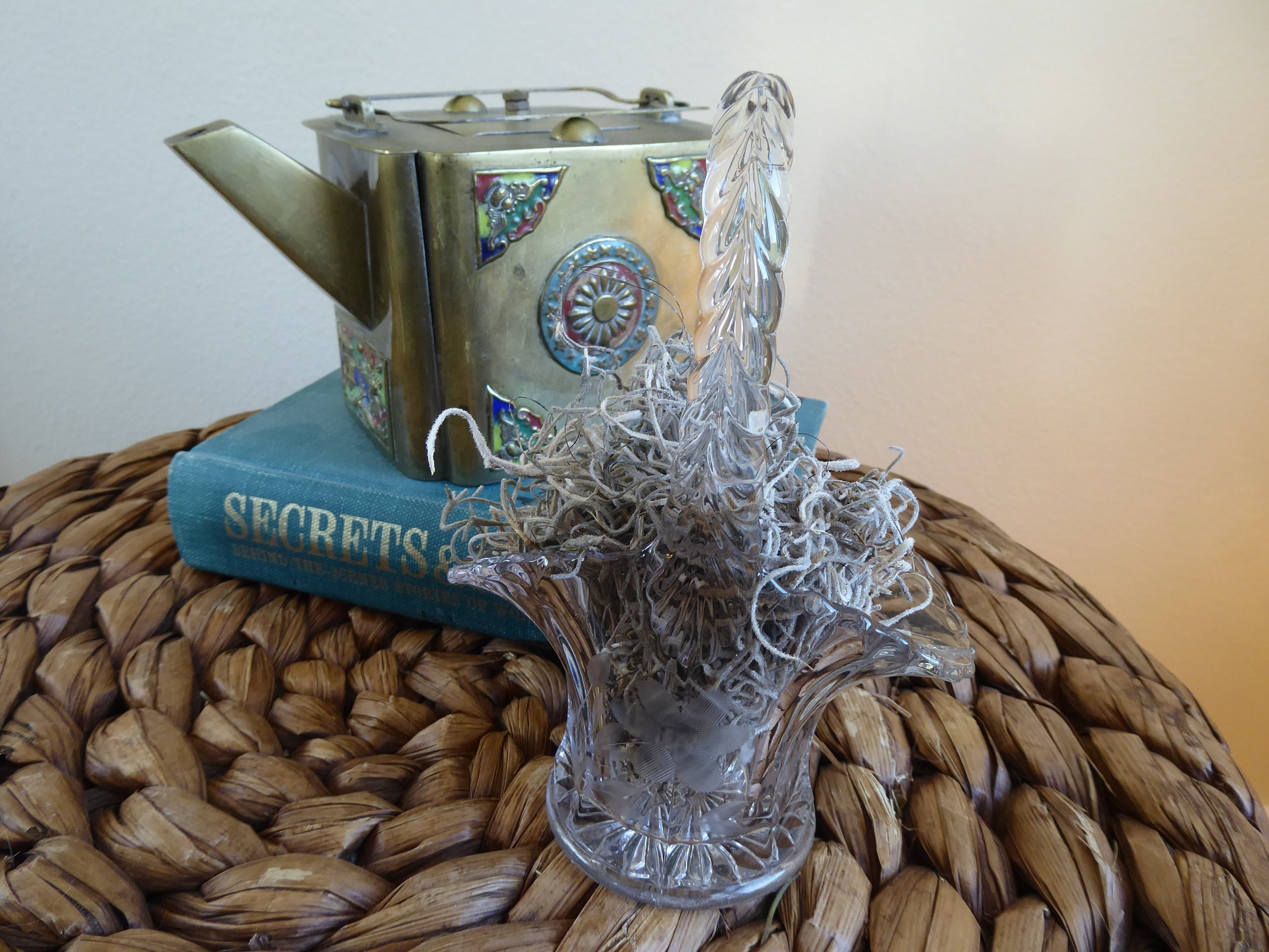 Clear Glass Etched Vintage Flower Basket Vase with Handle Etsy
