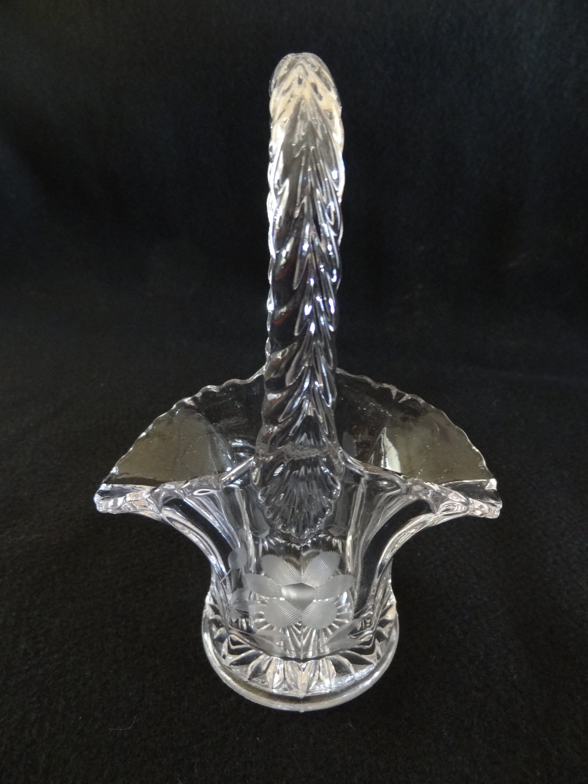 Clear Glass Etched Vintage Flower Basket Vase with Handle Etsy