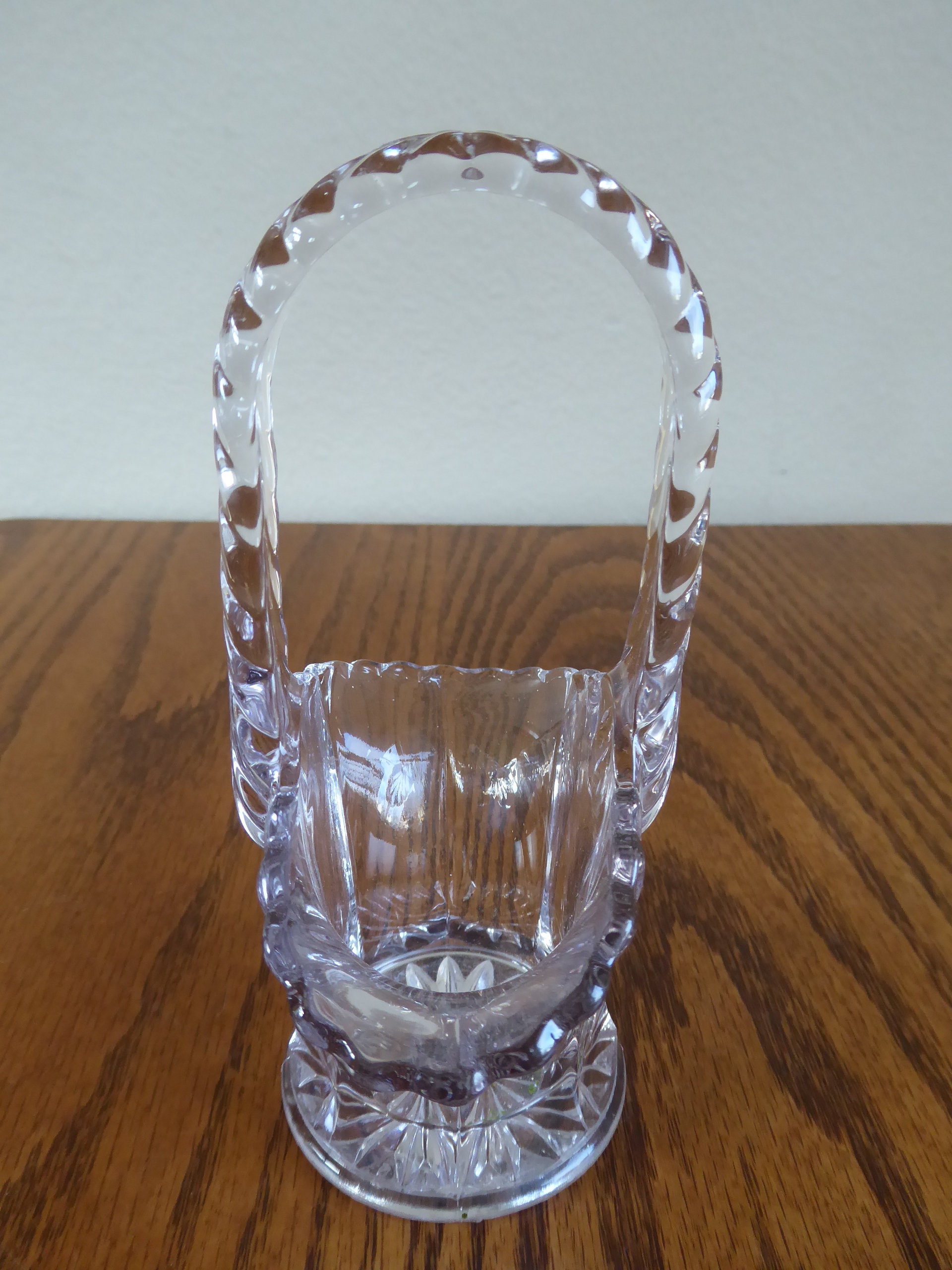 Clear Glass Etched Vintage Flower Basket Vase with Handle Etsy
