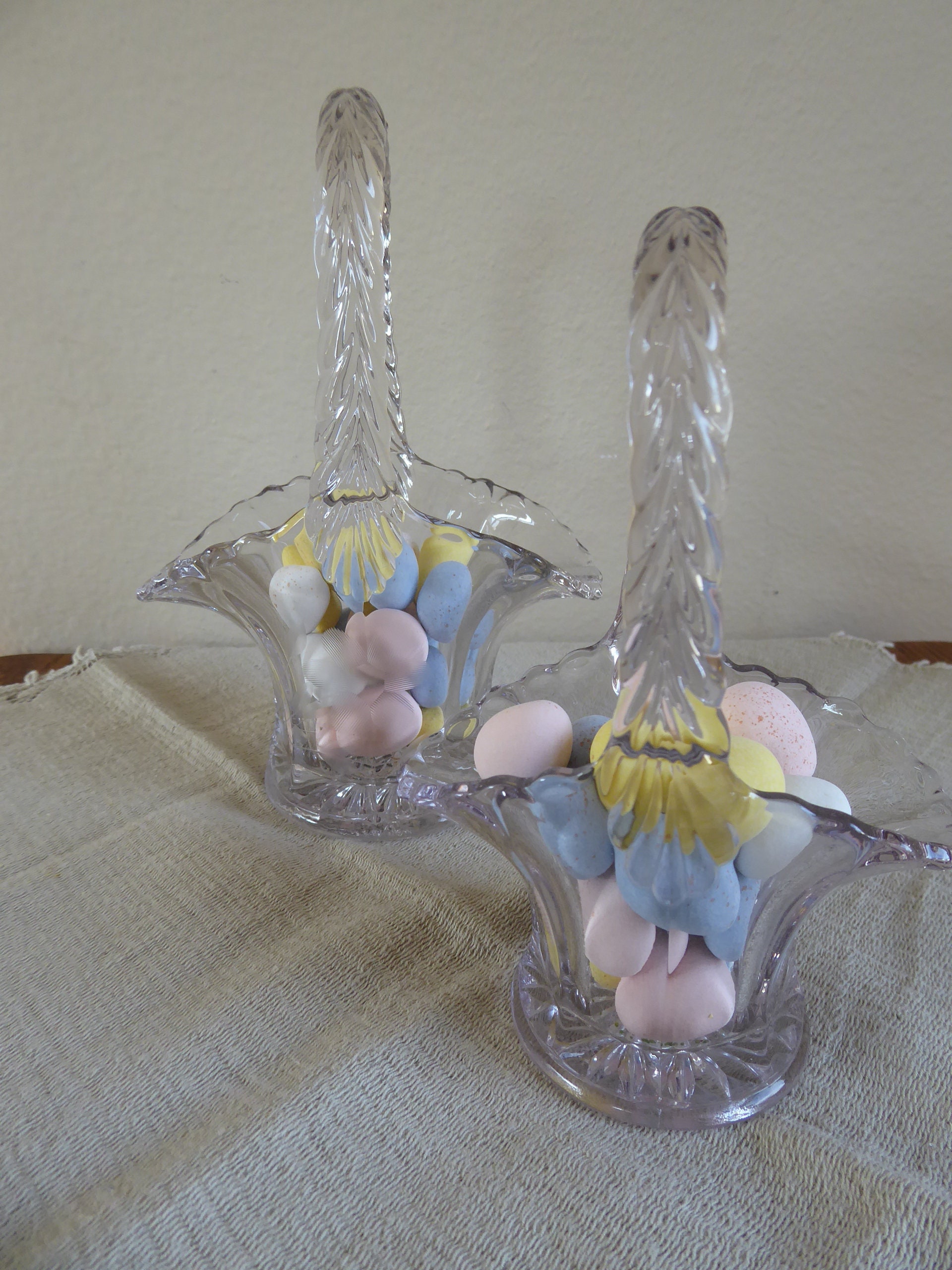 Clear Glass Etched Vintage Flower Basket Vase with Handle Etsy