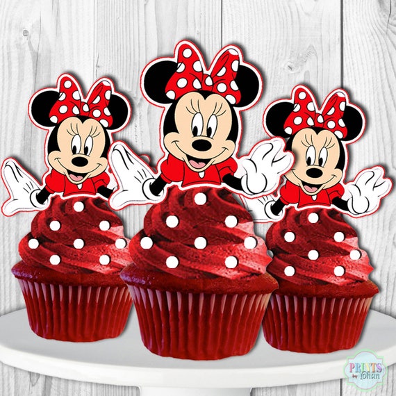Minnie Mouse Cupcake Toppers Red Or Pink Minnie Mouse Cupcake Etsy