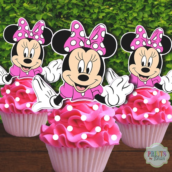 Unimall 24pcs Minnie Mouse inspir/é Cupcake Toppers avec Noeud Rose Noir Paillettes Cupcake Picks Baby Shower Kids Birthday Party Cake Decorations