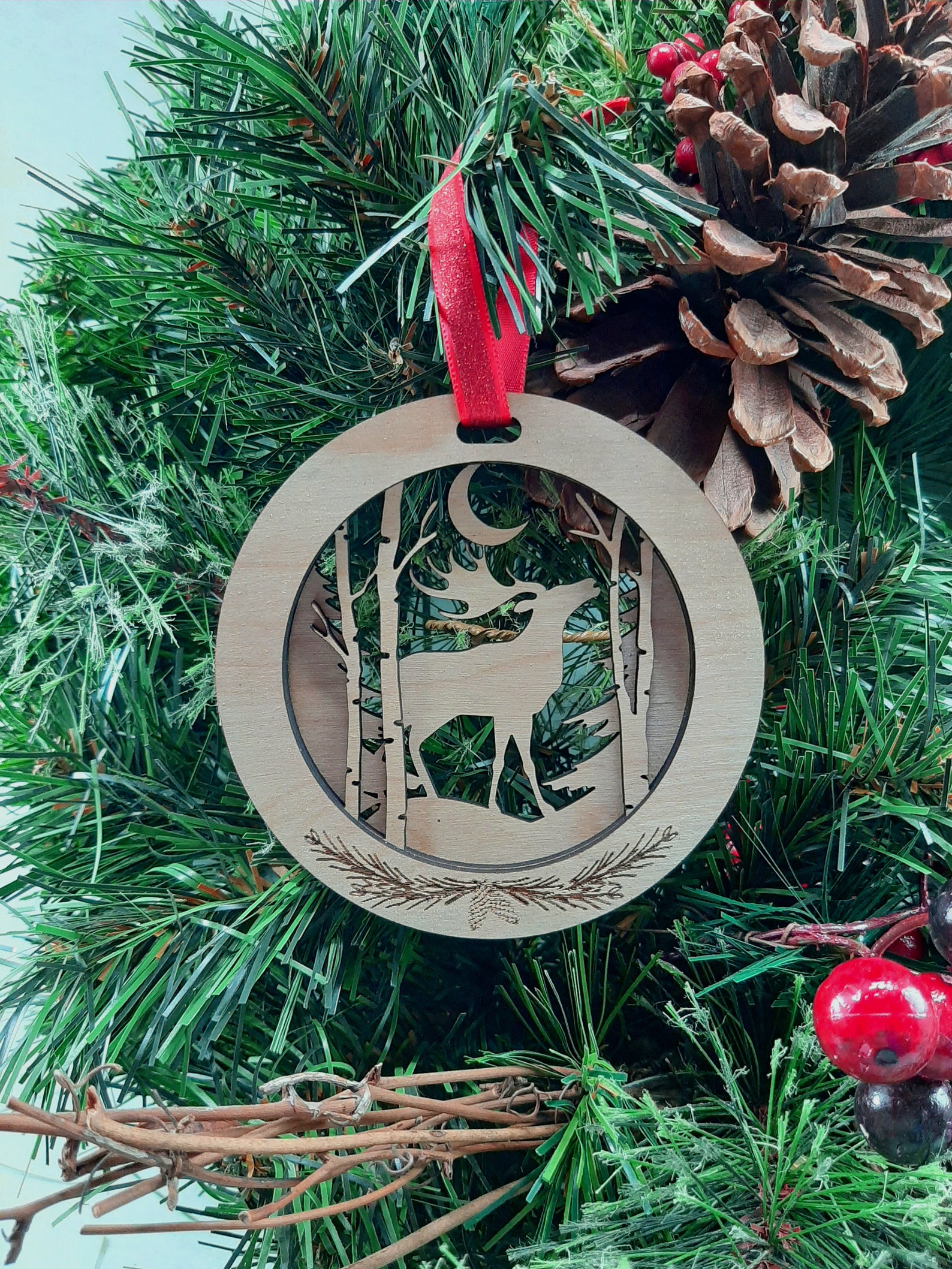Christmas Ornament Elk Laser Engraved Wood Etsy