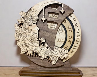 Calendrier perpétuel en bois avec lune florale avec affirmations - calendrier sans fin, calendrier circulaire, calendrier sur pied tournant, motivations