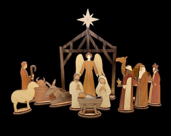 Set presepe di famiglia/presepe in legno, presepe rustico, decorazioni natalizie, decorazioni cristiane, mangiatoia, decorazioni natalizie fatte a mano, regalo di Natale