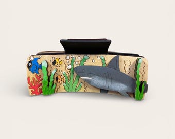 Shark Week l Ocean Shark Wooden Hair Clip | Hand Painted Sea Life Hair Claw | Nautical Hair Accessory | Coastal Gift for Ocean Lovers
