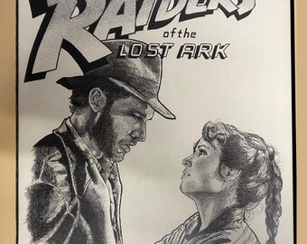 Raiders of the Lost Ark by Joni Wagner, 1982, Graphite, matted and framed, original