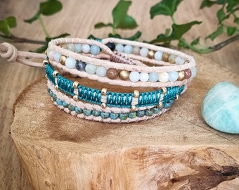 Wrap bracelet in Amazonite, golden and turquoise glass beads, macramé. Lithotherapy