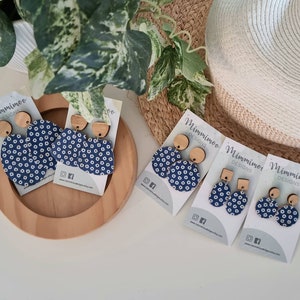 Cork / Leather Earrings -  Navy Blue / White Circle Print - Genuine Leather - Wood Earrings - Round / Oval Earrings