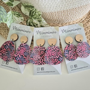 Cork Earrings - Navy / Pink / Purple Splash Print - Leather Earrings - Wood Earrings - Genuine Leather - Surgical Steel - Statement Earrings
