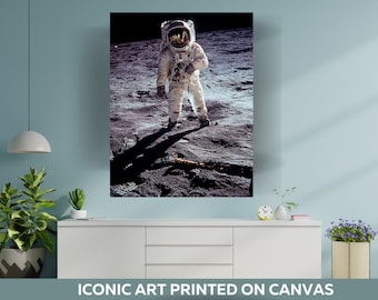 USA first man on moon iconic wall art Apollo space.  First Man On The Moon Canvas, Astronaut Art, Space Art, Cosmonaut Art