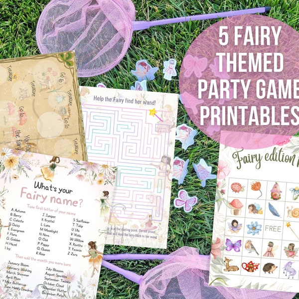 PRINTABLE 5 fairy party game, from a fairy, Fairyland, fairy activity, bingo, treasure hunt, catch the fairies, fairy maze,