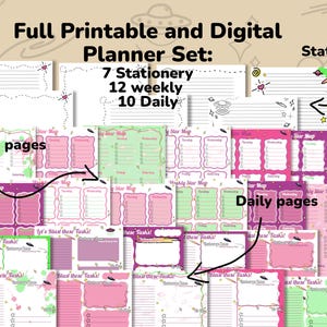 Op de afbeelding: Een complete printbare en digitale planner set met 7 schrijfwaren, 12 wekelijkse en 10 dagelijkse pagina's. De plannerpagina's zijn in roze, groen en paars met de tekst "Weekly pages", "Daily pages" en "Let's Blast these Tasks!"