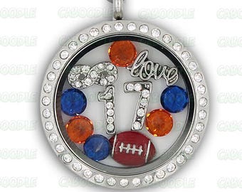 Number 17 I Love Football Floating Locket Necklace with Floating Charms and Locket Chain