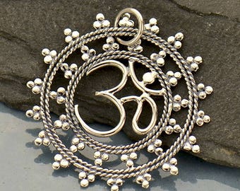 Sterling Silver Om Mandala Pendant - Yoga Charm Necklace - Women Necklace - Mothers Day Gift