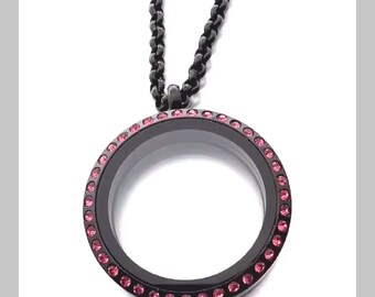 30mm Black Locket Necklace With Pink Crystal Face, Free Chain Included, USA Seller, Ships Super Fast