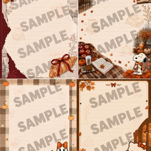 May include: Four sheets of lined stationery paper featuring autumn-themed illustrations. Designs include croissants with red bows, Snoopy in a scarf, a ghost holding a pumpkin bucket, and Hello Kitty with a slice of pie, all overlaid with a sample watermark.