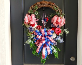 Large Patriotic Front Door Wreath-Memorial Day Door Wreath Hanger-4th of July American Flag Wreath-Modern Farmhouse Classic USA Home Decor