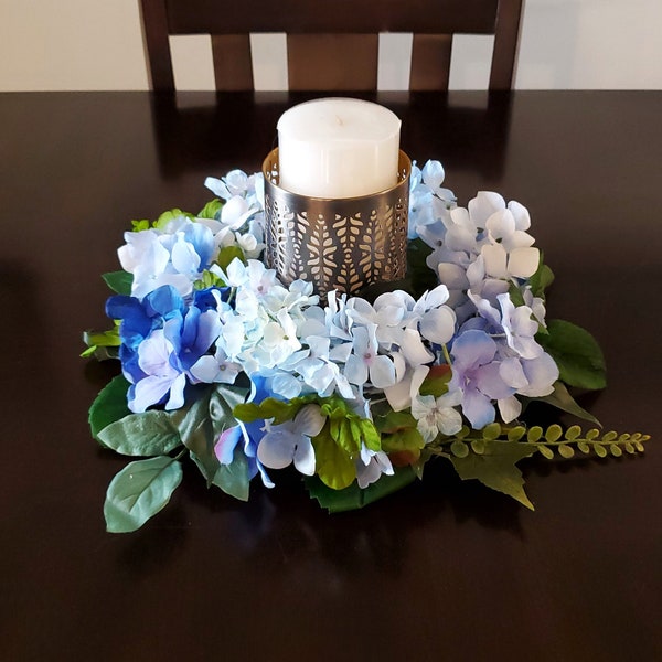 Luxury French Country Home Decor-Cottage Chic Blue Candle Holder-Blue Floral Table Candle Centerpiece-Shabby Chic Blue Dining Table Decor