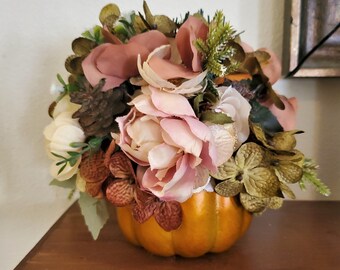 Autumn Mantle Pumpkin Floral Arrangement-Thanksgiving Home Decor-Chic Pumpkin Floral Home Decor-Autumn Table Arrangement-Fall Table Decor