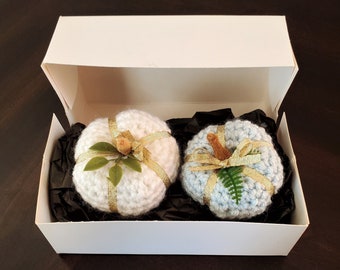 Crocheted Miniature Pumpkin Table Toppers-Thanksgiving Hostess Gift Set-Cottage Thanksgiving Home Decor-Halloween Table Decor-Luxury Pumpkin