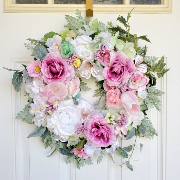 French Country Spring Wreath-Farmhouse Spring Pastel Wreath-Tuscan Front Door Wreath-Tuscan Door Hanger-Luxury Cottage Door Wreath-Pink Swag