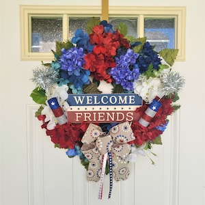 Corona de bienvenida patriótica-4 de julio corona de puerta-4 de julio decoración del hogar-decoración patriótica del hogar de la granja-corona de decoración del hogar de la bandera americana