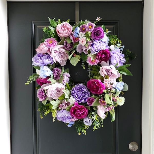Large Luxury French Country Front Door Wreath-Modern Elegance Home Decor-Cottage Chic Summer Door Hanger-Shabby Chic Purple Door Wreath