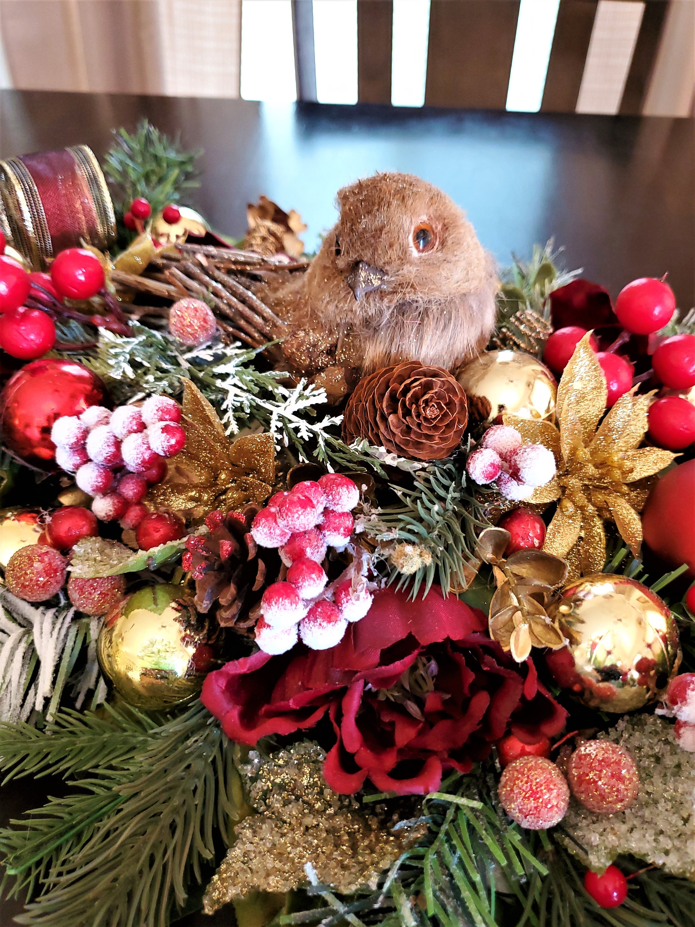Winter and Christmas Floral Arrangement Pine and Spruce, Pinecones, Red  Flowers, Berries, Crystal Picks and a Cardinal Ribbon. 