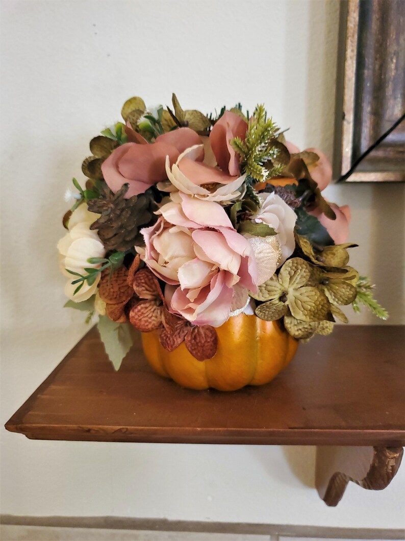 Autumn Mantle Pumpkin Floral Arrangement-Thanksgiving Home Decor-Chic Pumpkin Floral Home Decor-Autumn Table Arrangement-Fall Table Decor image 1