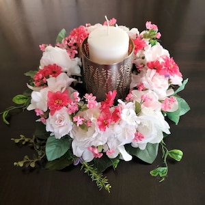 Luxury Spring Floral Candle Holder-Bright Colorful Spring Candle Centerpiece-French Country Table Topper Decor-White and Pink Party Decor image 1