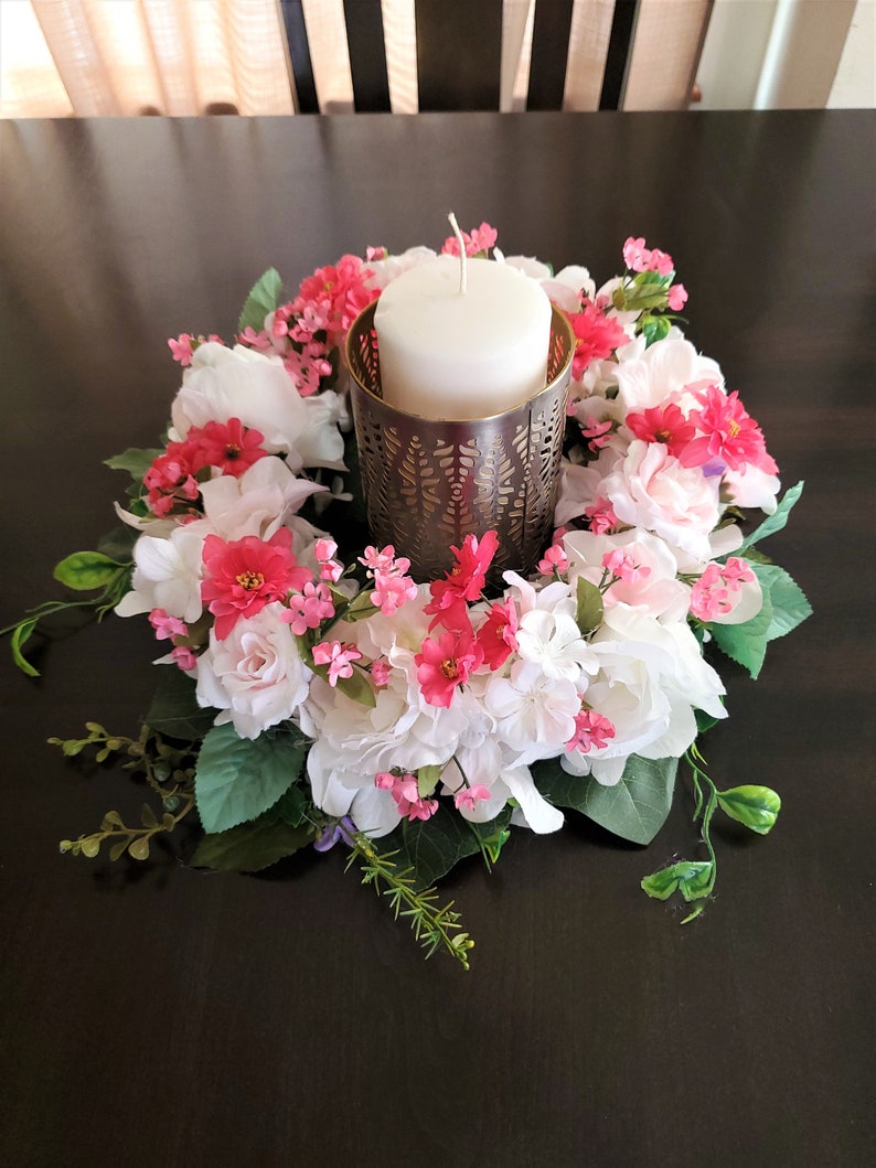 Luxury Spring Floral Candle Holder-Bright Colorful Spring Candle Centerpiece-French Country Table Topper Decor-White and Pink Party Decor image 1