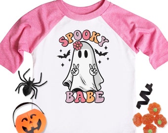 Spooky Babe Cute Retro Ghost Halloween Shirt for Girls in Pink