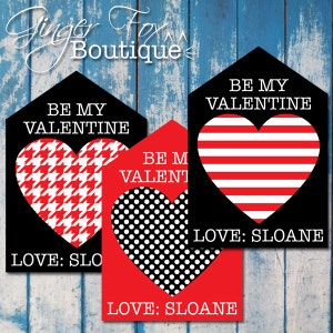 Buon San Valentino Cuore rosso e nero con strisce, pied de poule o punti Etichetta di San Valentino stampabile PERSONALIZZATA